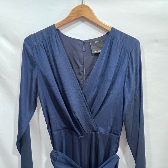 C/MEO COLLECTIVE Blue V-Neck Satin Tie Wide Leg Jumpsuit Romper women's M - Picture 3 of 8